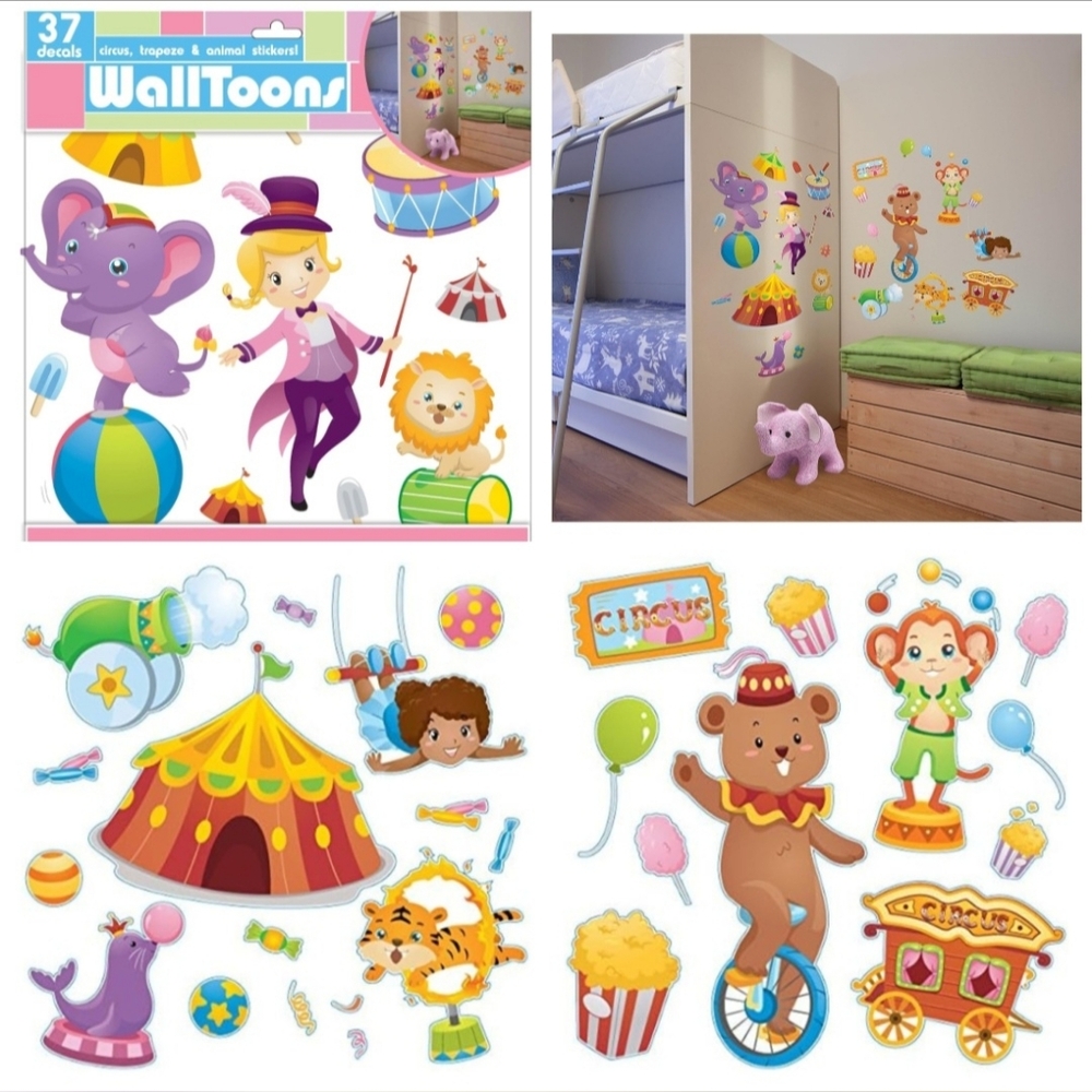 🍎Nwt 37 Decals Walltoons Wall Stickers Circus Theme Animals Kids Room Girls Boy